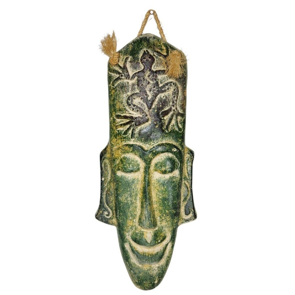 Vintage Clay Indonesian Tree Mask Tribal Green Frog Hanging Heavy